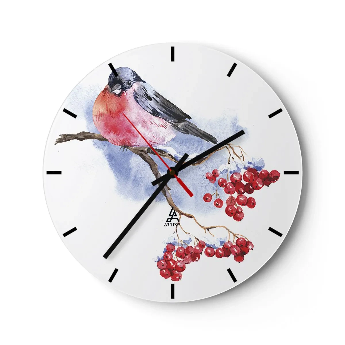 Wall clock - Clock on glass - Hand-painted bullfinch on a branch with red berries - 30x30cm - Winter in Colour - Modern wall decoration for the living room, kitchen, and bedroom ARTTOR