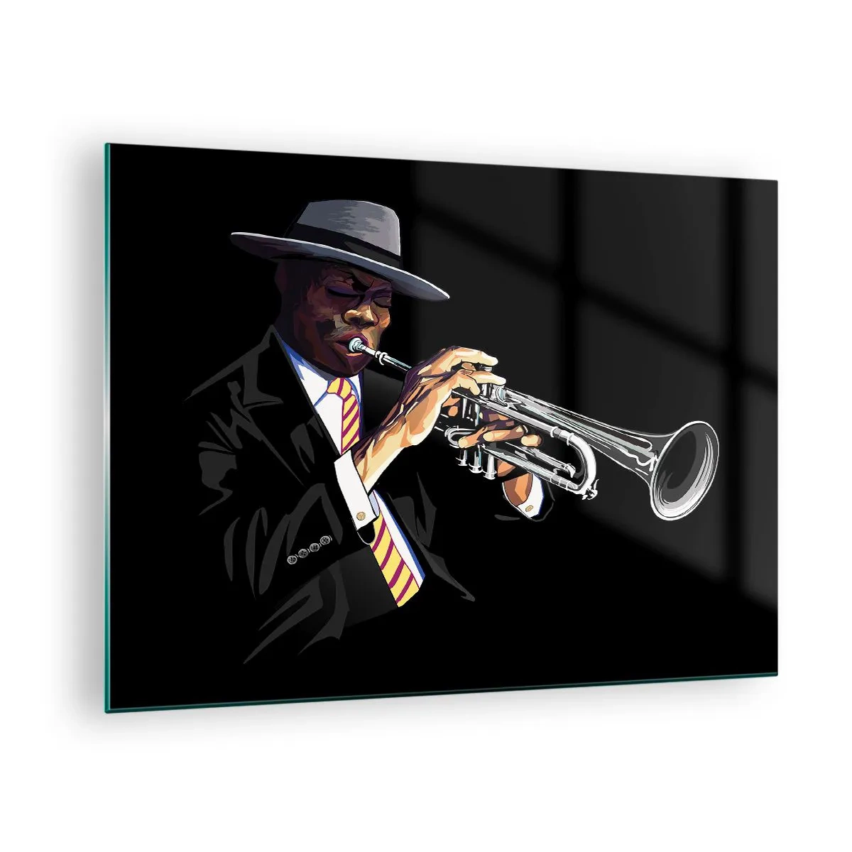 Glass picture - A black musician with a trumpet and a hat on a black background - 70x50cm - Charm of Old School - Modern wall decoration for the living room and bedroom ARTTOR