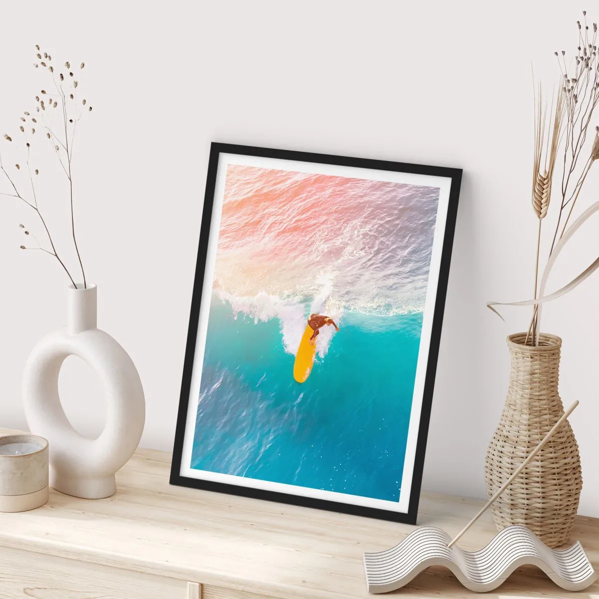 Poster in black frame - A surfer riding a wave in the rays of the setting sun - 50x70cm - Ocean Rider - Modern wall decoration for the living room and bedroom ARTTOR