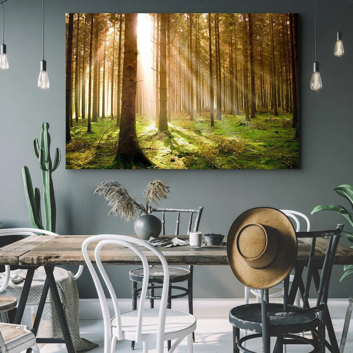 Canvas picture - Coniferous forest with sun rays shining through the trees - 70x50cm - Elfs Will Be Here Soon - Modern wall decoration for the living room and bedroom ARTTOR