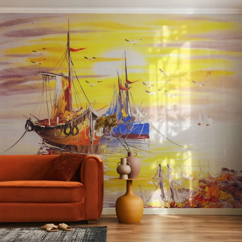 Photo Wallpaper Standard Eco - Deserved Rest in Port - Fishing boat, Fishing, Birds - 350x256 cm
