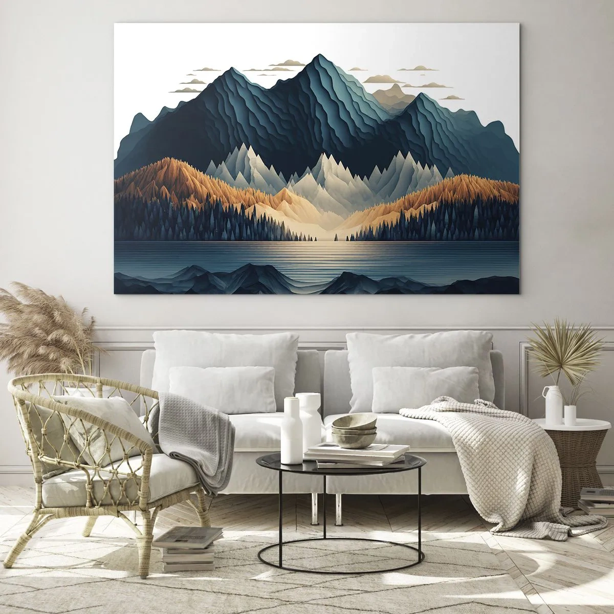 Glass picture - Stylized mountain landscape with a forest and a lake - 70x50cm - Perfect Mountain Landscape - Modern wall decoration for the living room and bedroom ARTTOR