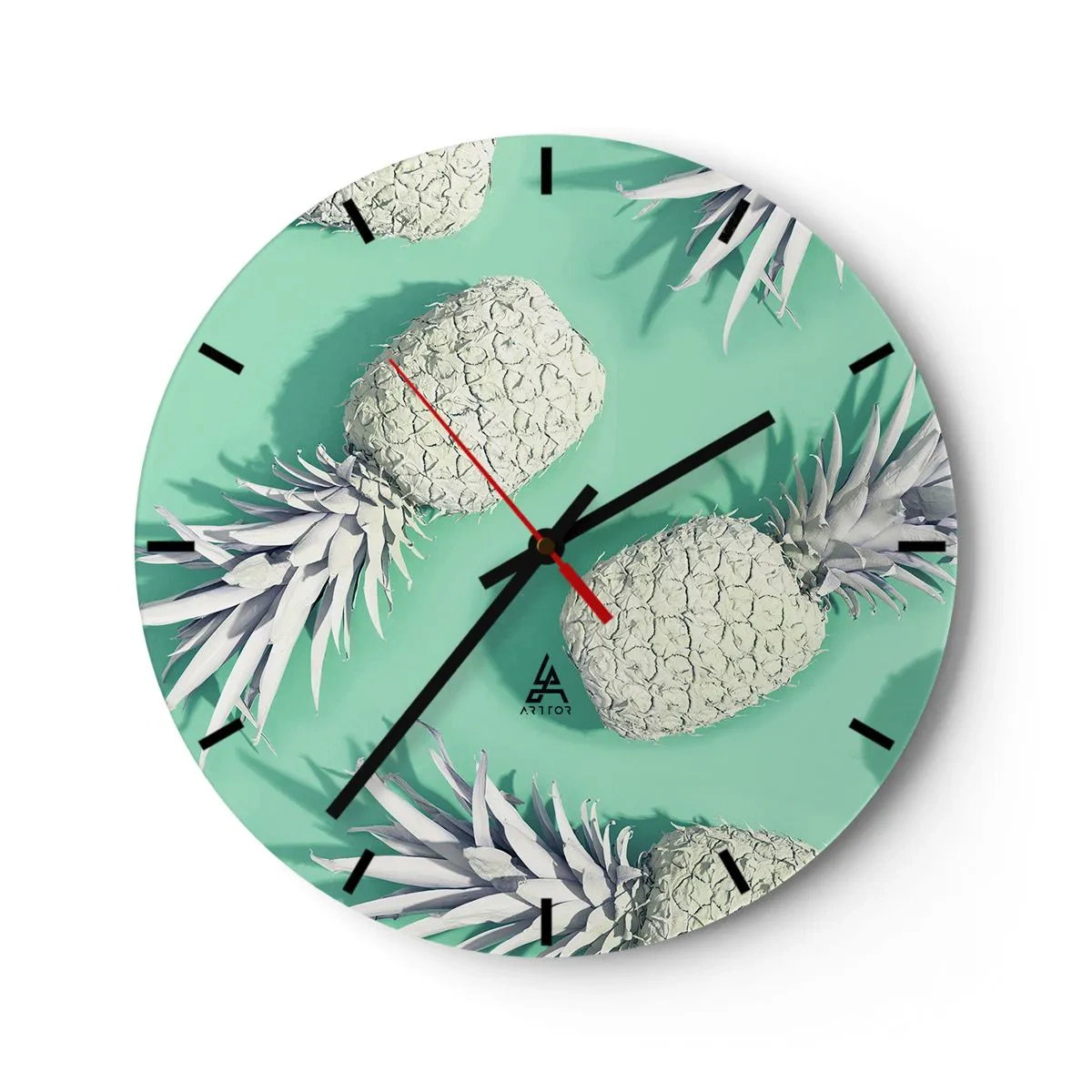 Wall clock - Clock on glass - White pineapples on a mint background in a minimalist style - 30x30cm - It Combines Well with Mint - Modern wall decoration for the living room, kitchen, and bedroom ARTTOR