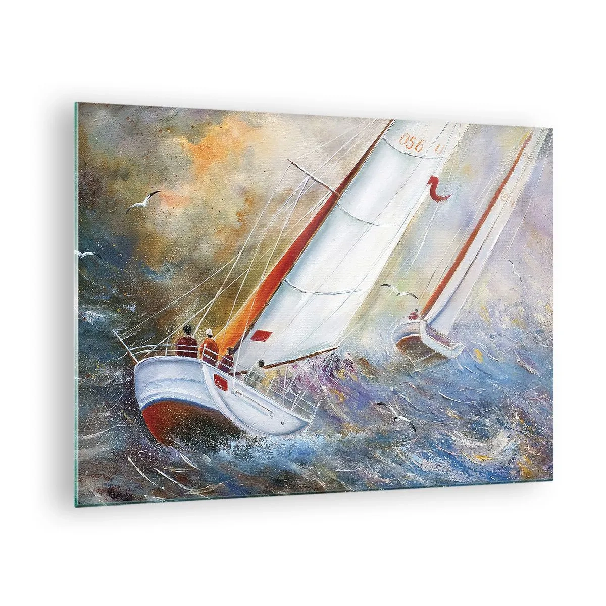 Glass picture - Sailboats in rough seas during a regatta - 70x50cm - Running on the Waves - Modern wall decoration for the living room and bedroom ARTTOR
