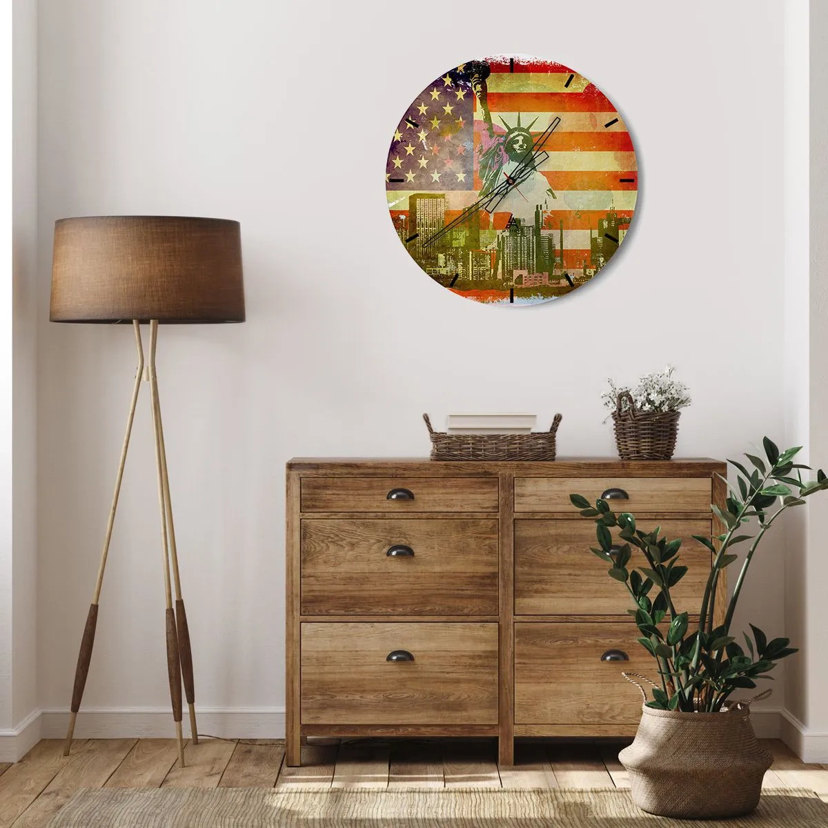 Wall clock - Clock on glass - The Statue of Liberty against the backdrop of the US flag and cityscape - 30x30cm - Viva America! - Modern wall decoration for the living room, kitchen, and bedroom ARTTOR