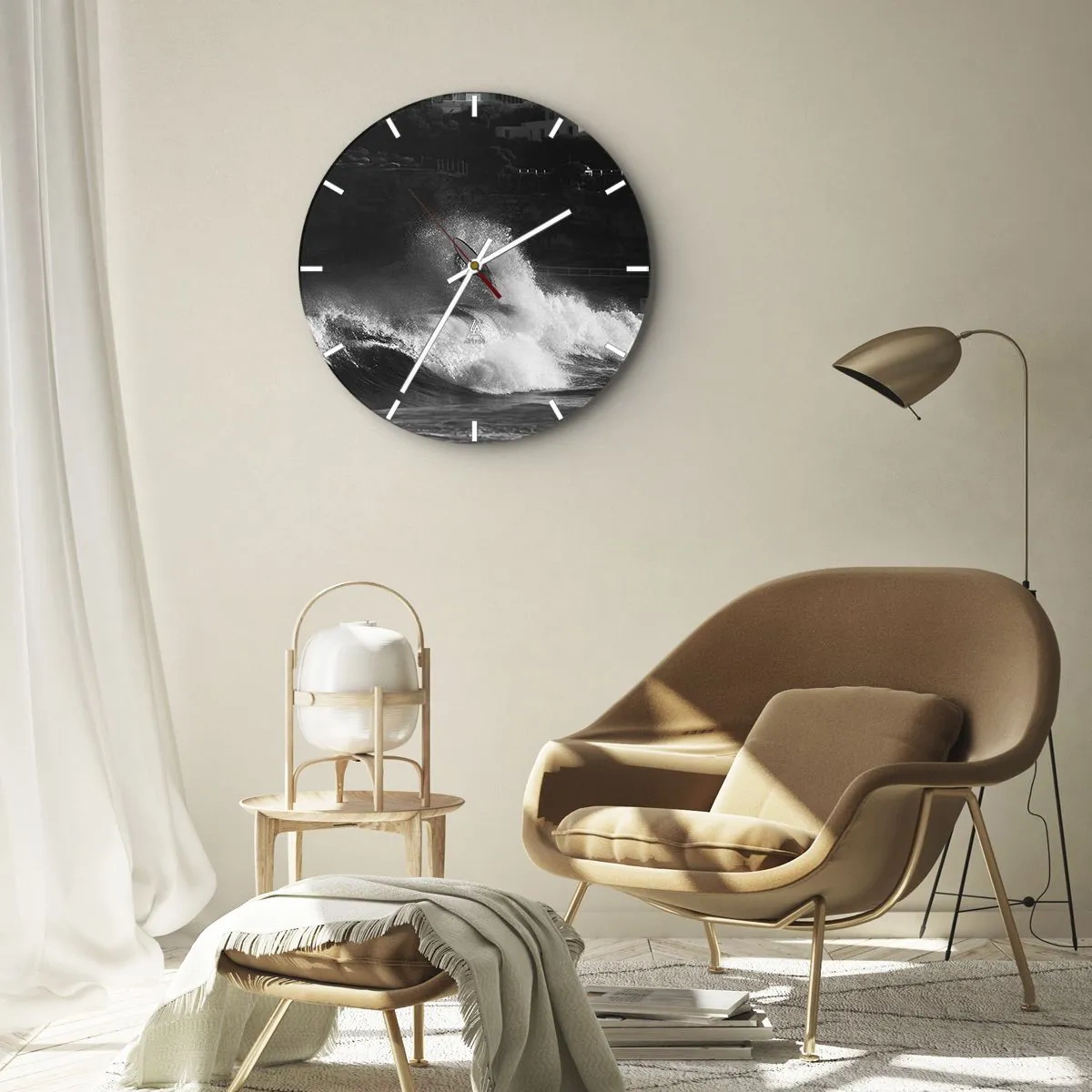 Wall clock - Clock on glass - A surfer on a wave in a black and white composition - 30x30cm - Challenge Accepted! - Modern wall decoration for the living room, kitchen, and bedroom ARTTOR