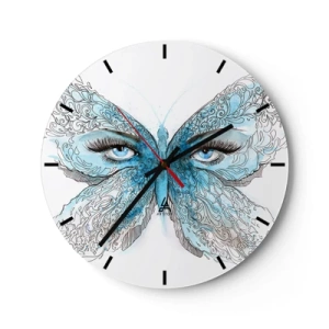 Wall clock - Clock on glass - Blue butterfly with eye detail and delicate artistic pattern - 30x30cm - Eros Praying Mantis - Modern wall decoration for the living room, kitchen, and bedroom ARTTOR