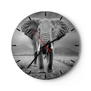 Wall clock - Clock on glass - An African elephant against a savannah background in shades of gray. - 30x30cm - Welcoming of the Host - Modern wall decoration for the living room, kitchen, and bedroom ARTTOR