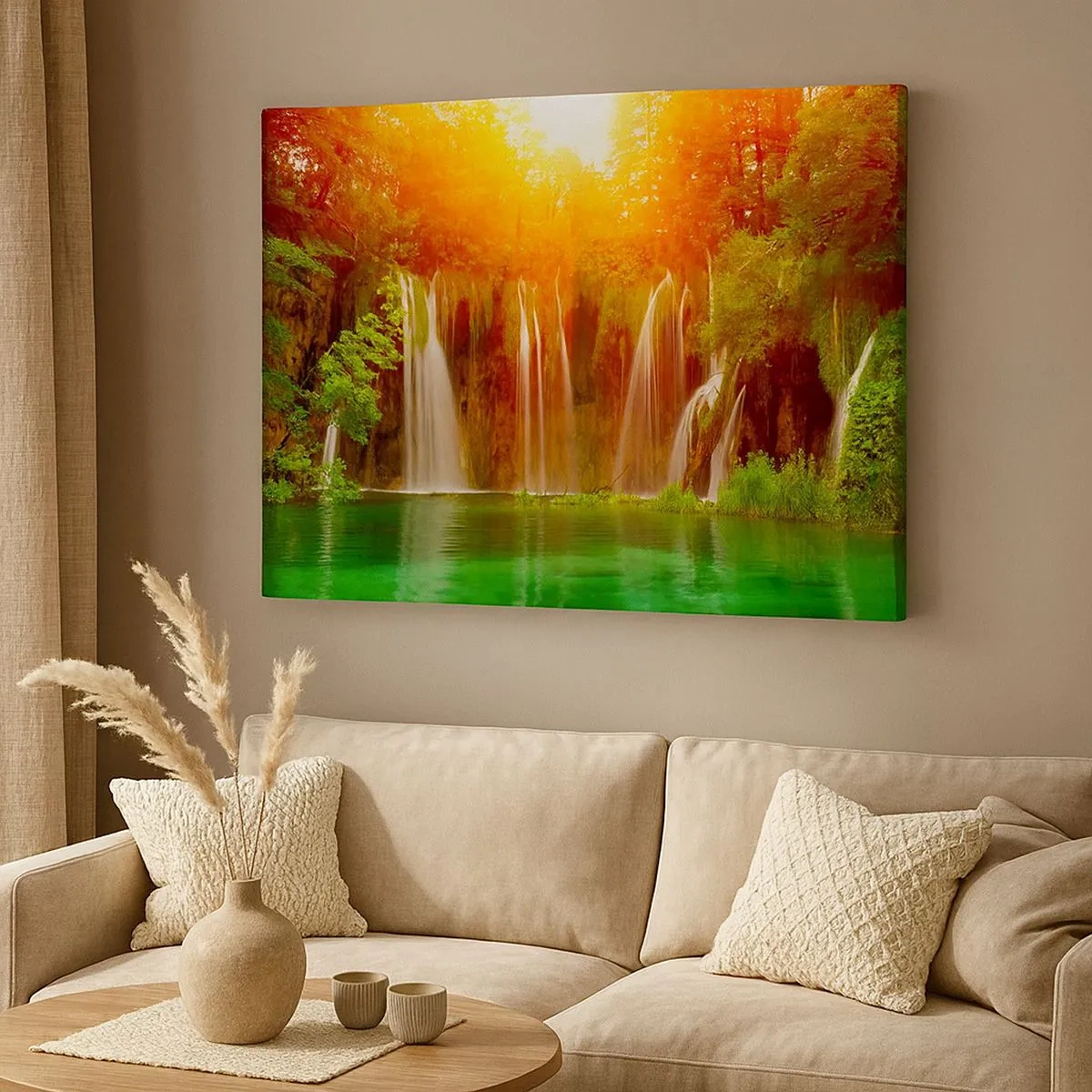 Canvas picture - Waterfalls surrounded by greenery in the glow of the setting sun - 70x50cm - In the Sun and in the Shade - Modern wall decoration for the living room and bedroom ARTTOR