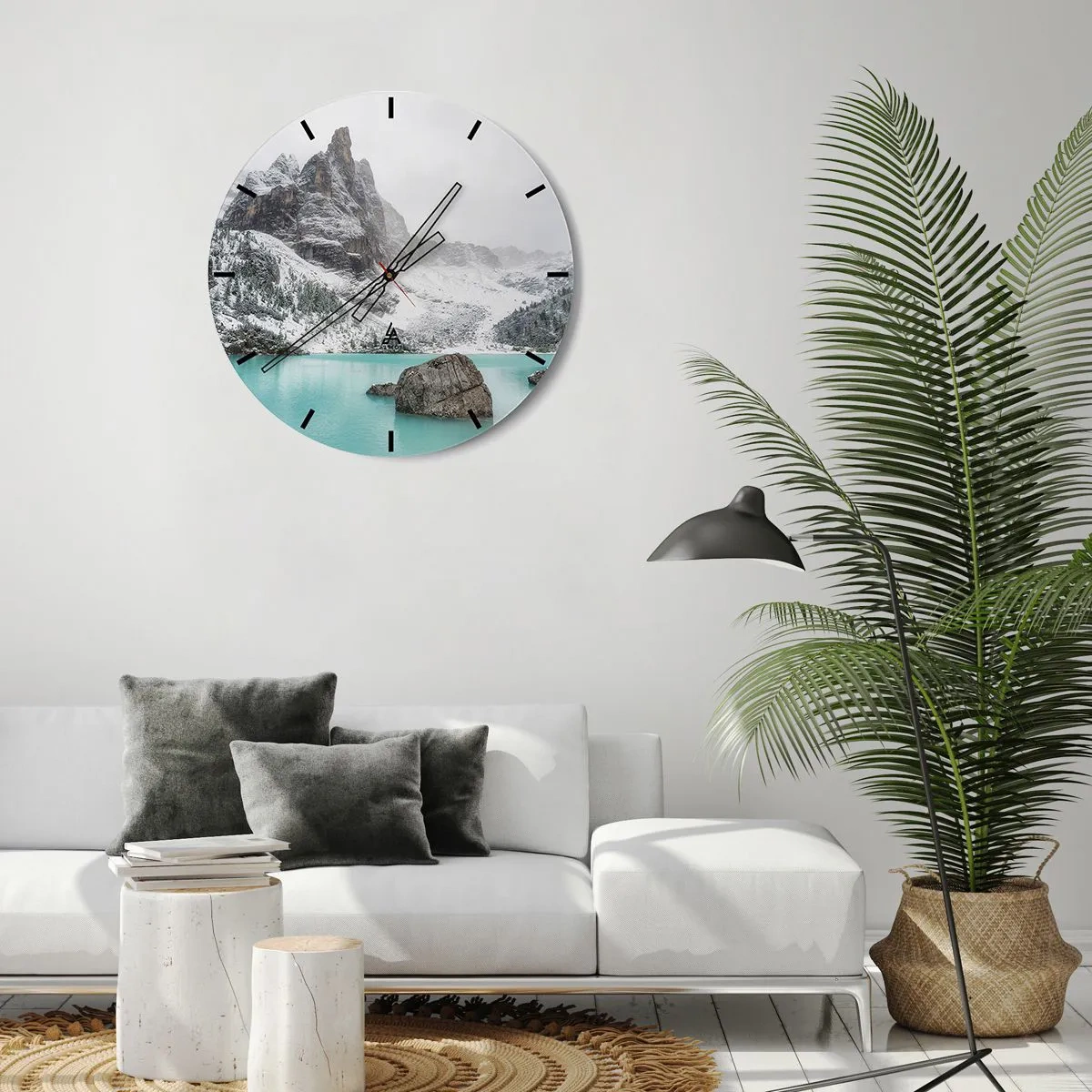 Wall clock - Clock on glass - Mountain landscape with a turquoise lake - 30x30cm - On Guard - Modern wall decoration for the living room, kitchen, and bedroom ARTTOR