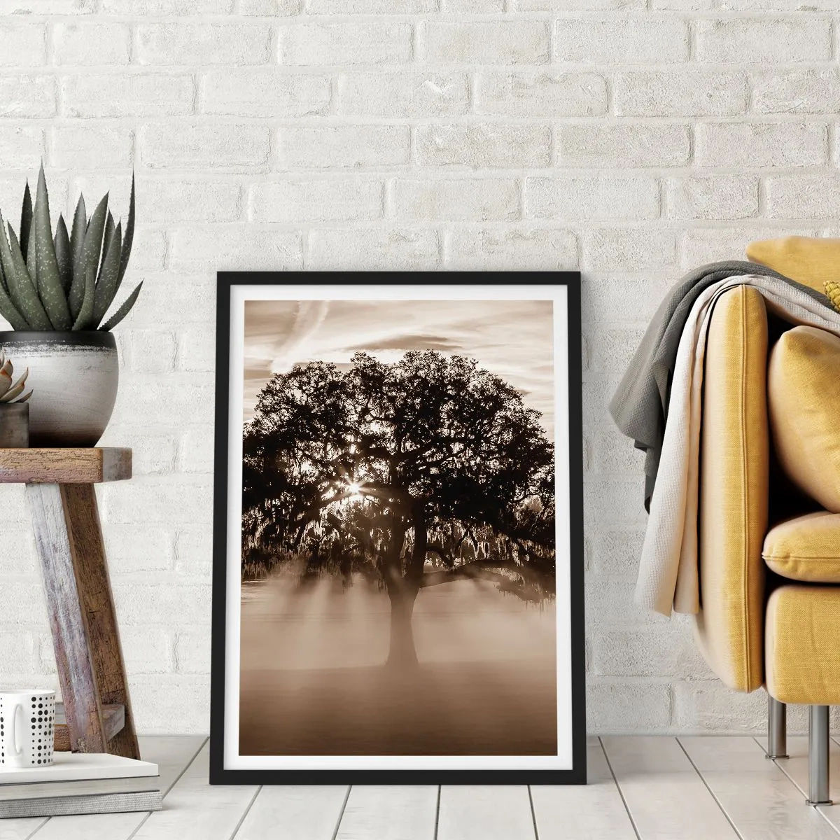 Poster in black frame - Tree in the fog with rays of light - 50x70cm - Tree of Good Knowledge - Modern wall decoration for the living room and bedroom ARTTOR