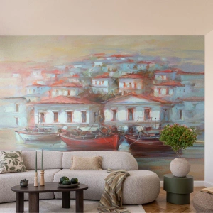 Photo Wallpaper Premium Canvas - Happy Town - Architecture, Sailboat, Harbor - 350x256 cm