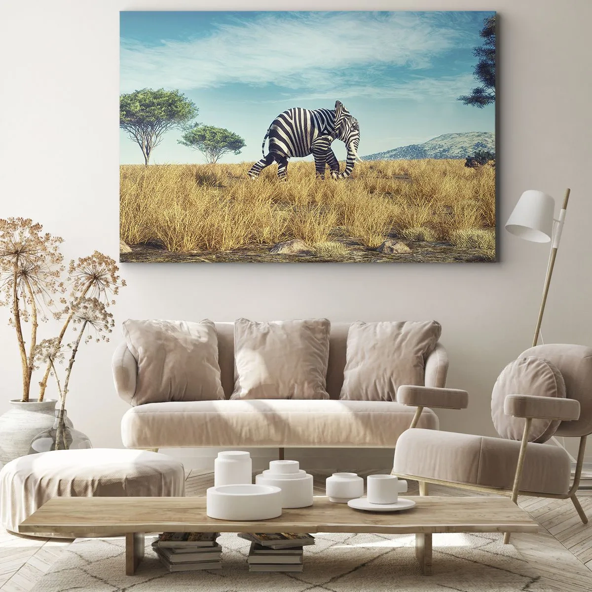 Canvas picture - Zebra in an African landscape - 70x50cm - Greyness Is Not In Fashion - Modern wall decoration for the living room and bedroom ARTTOR