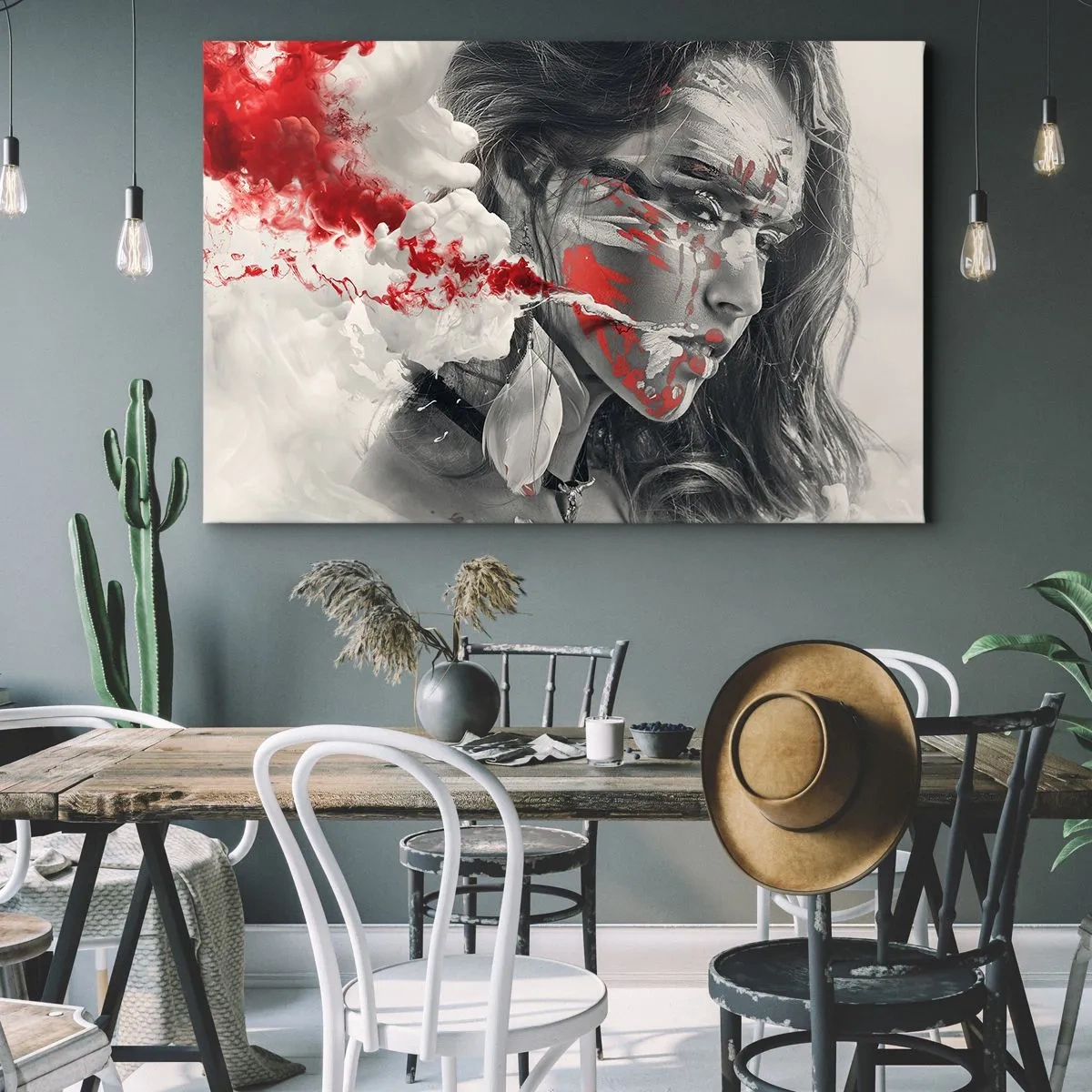 Canvas picture - Artistic portrait of a woman with abstract red accents - 70x50cm - Smoke of Absurdity - Modern wall decoration for the living room and bedroom ARTTOR