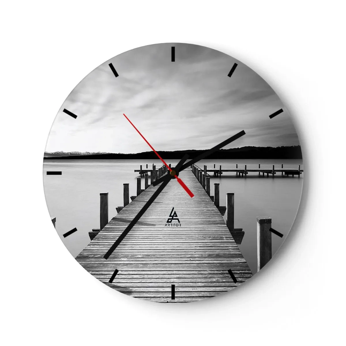 Wall clock - Clock on glass - A wooden pier leading into the depths of a tranquil lake - 30x30cm - Lake of Peace - Modern wall decoration for the living room, kitchen, and bedroom ARTTOR