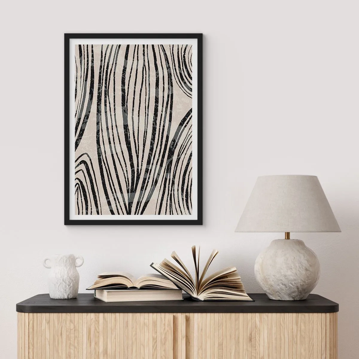 Poster in black frame - Abstract black lines on a beige background - 50x70cm - Spillover of Lines - Modern wall decoration for the living room and bedroom ARTTOR