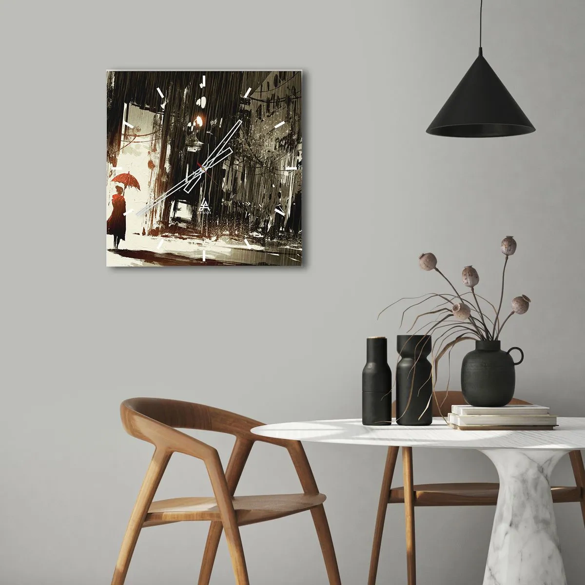 Wall clock - Clock on glass - Poetry of a Red Umbrella - 40x40 cm