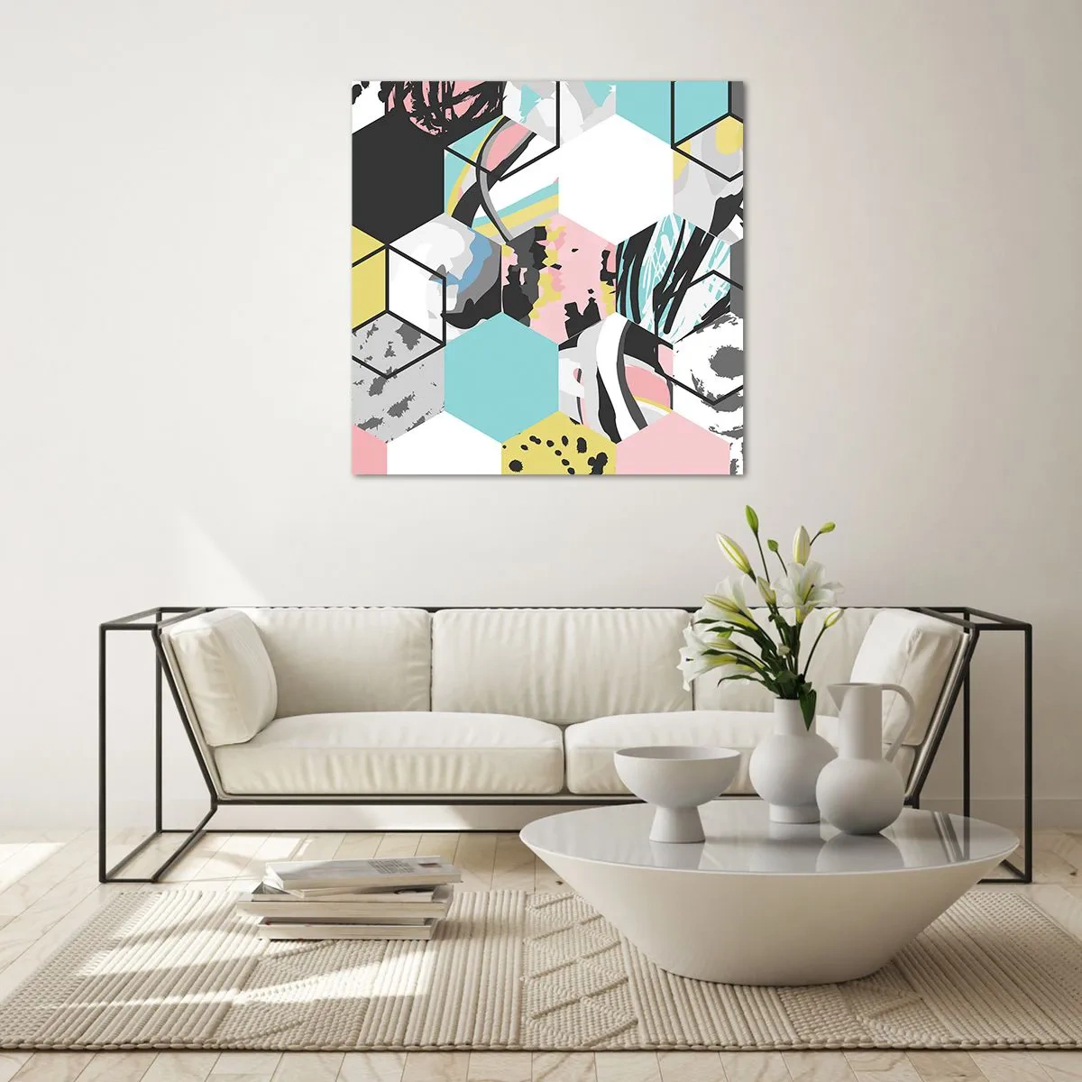 Glass picture - Hexagons and Cubes in Six Colours - 70x70 cm