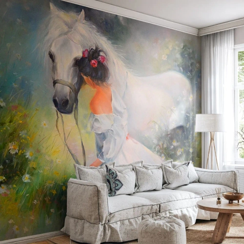 Photo Wallpaper Premium Sand - Like from a Beautiful Dream - Woman, Horse, Meadow - 100x70 cm