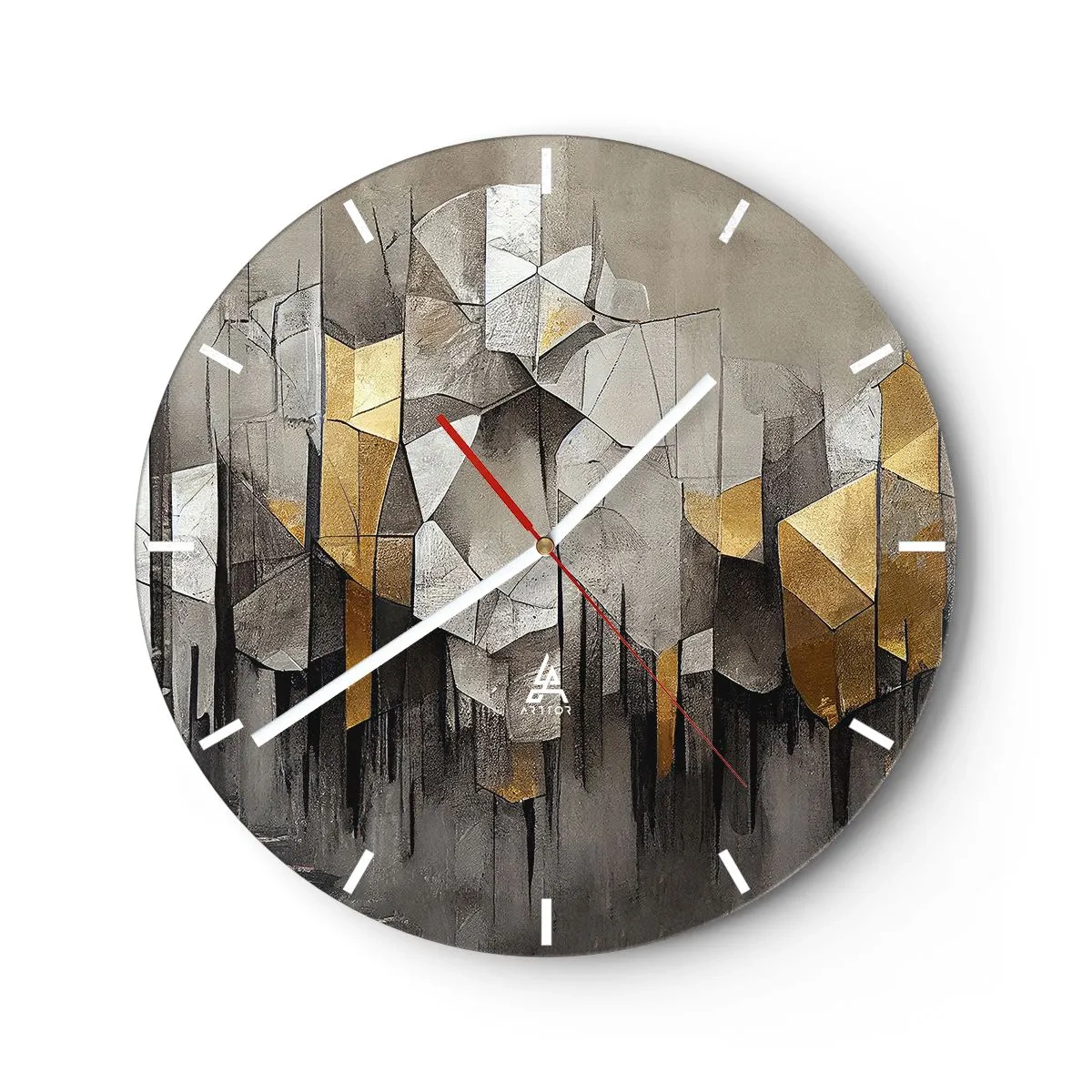 Wall clock - Clock on glass - Geometric structure with shades of gray and gold - 30x30cm - Composition of Ice and Light - Modern wall decoration for the living room, kitchen, and bedroom ARTTOR