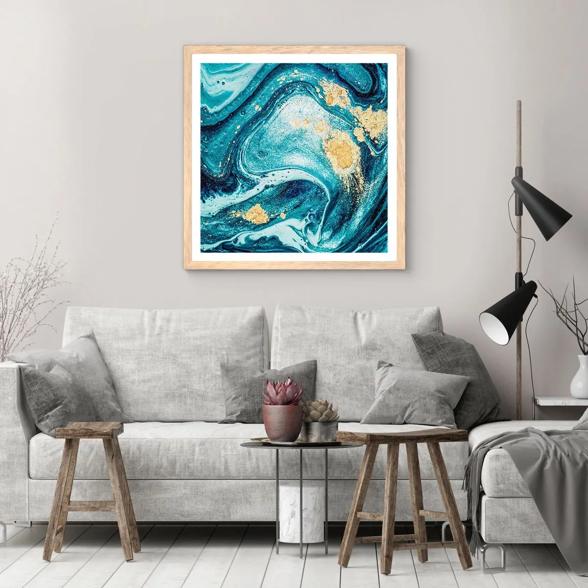 Poster in light oak frame - Blue Whirl - 60x60 cm