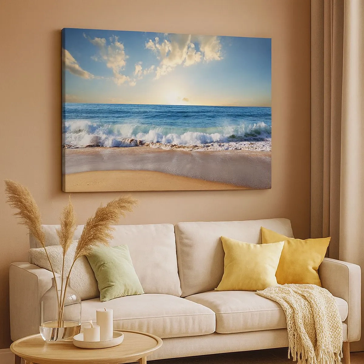 Canvas picture - A sunny beach with waves crashing on the shore - 70x50cm - Moving Still - Modern wall decoration for the living room and bedroom ARTTOR