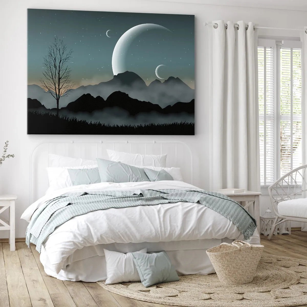 Canvas picture - Misty mountains with the moon and a lonely tree - 70x50cm - Carnival of a Starry Night - Modern wall decoration for the living room and bedroom ARTTOR