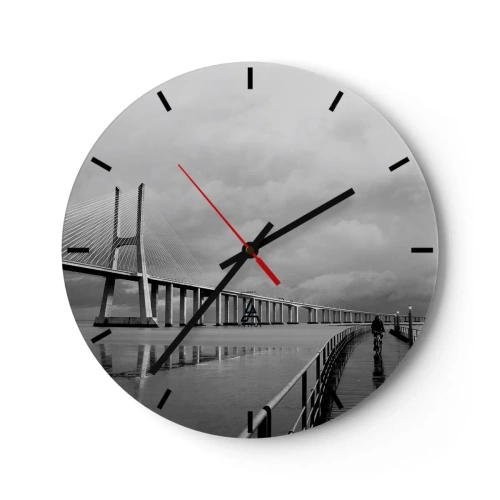 Wall clock - Clock on glass - A bridge with a cyclist on the path on a rainy day - 30x30cm - To Each His Own - Modern wall decoration for the living room, kitchen, and bedroom ARTTOR