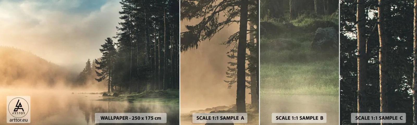 Photo Wallpaper Sample Self-Adhesive Deluxe Sticker - Birth of a Day - Landscape, Lake, Forest - 100x30 cm