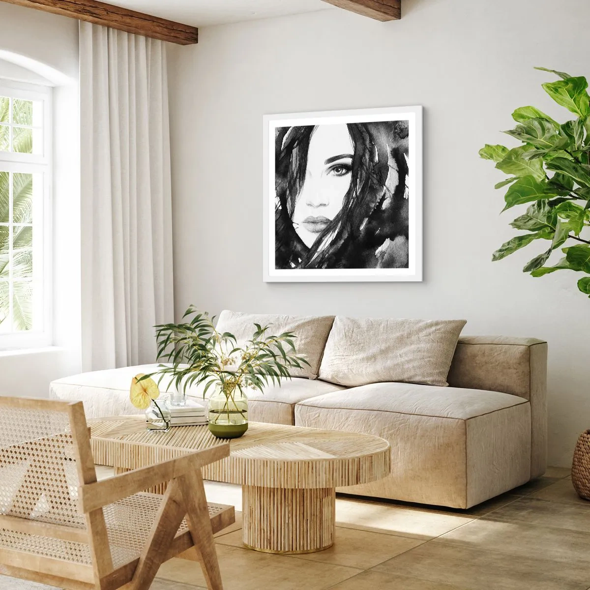 Poster in white frmae - Portriat of a Lady in  Black and White - 40x40 cm