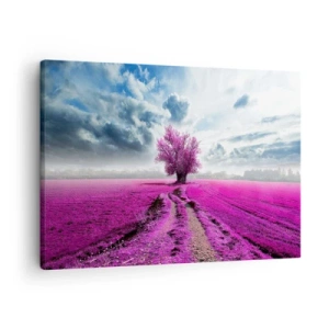 Canvas picture - A lonely tree in a field in a shade of intense pink - 70x50cm - Heathland Charm - Modern wall decoration for the living room and bedroom ARTTOR
