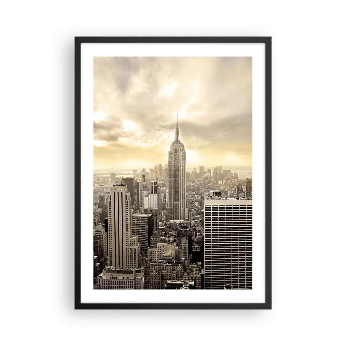 Poster in black frame - New York City panorama with the Empire State Building - 50x70cm - New York Woven in Grey - Modern wall decoration for the living room and bedroom ARTTOR