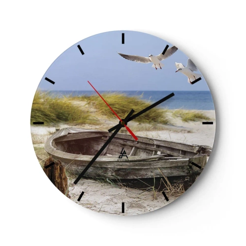 Wall clock - Clock on glass - A boat on a sandy beach with seagulls - 30x30cm - Bathed in the Sun - Modern wall decoration for the living room, kitchen, and bedroom ARTTOR