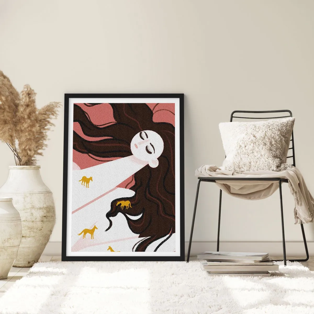 Poster in black frame - A dreamy woman with long hair and golden horses - 50x70cm - Dream of a Golden Horse - Modern wall decoration for the living room and bedroom ARTTOR