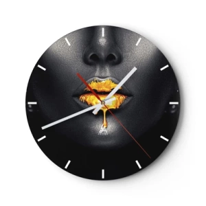 Wall clock - Clock on glass - Golden Lips - 40x40 cm