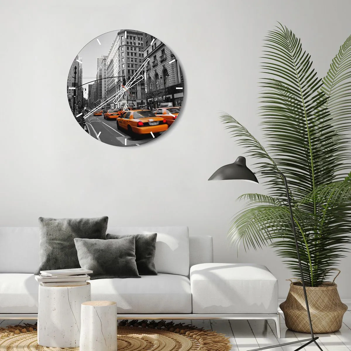 Wall clock - Clock on glass - Yellow taxis on city streets in shades of gray - 30x30cm - Suns of a Big City - Modern wall decoration for the living room, kitchen, and bedroom ARTTOR