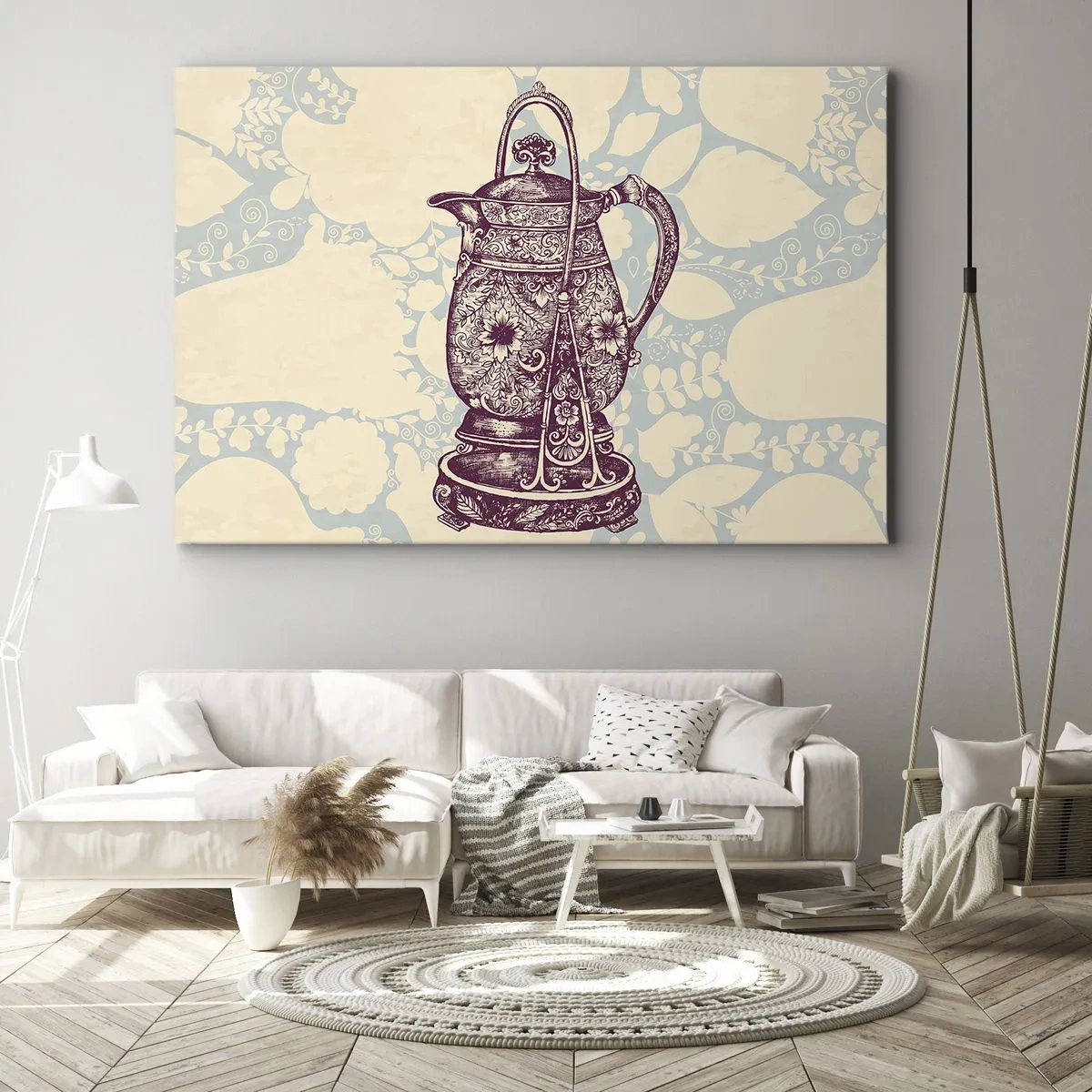 Canvas picture - Stylized jug with ornaments on a floral background - 70x50cm - Beauty of Ordinary Life - Modern wall decoration for the living room and bedroom ARTTOR