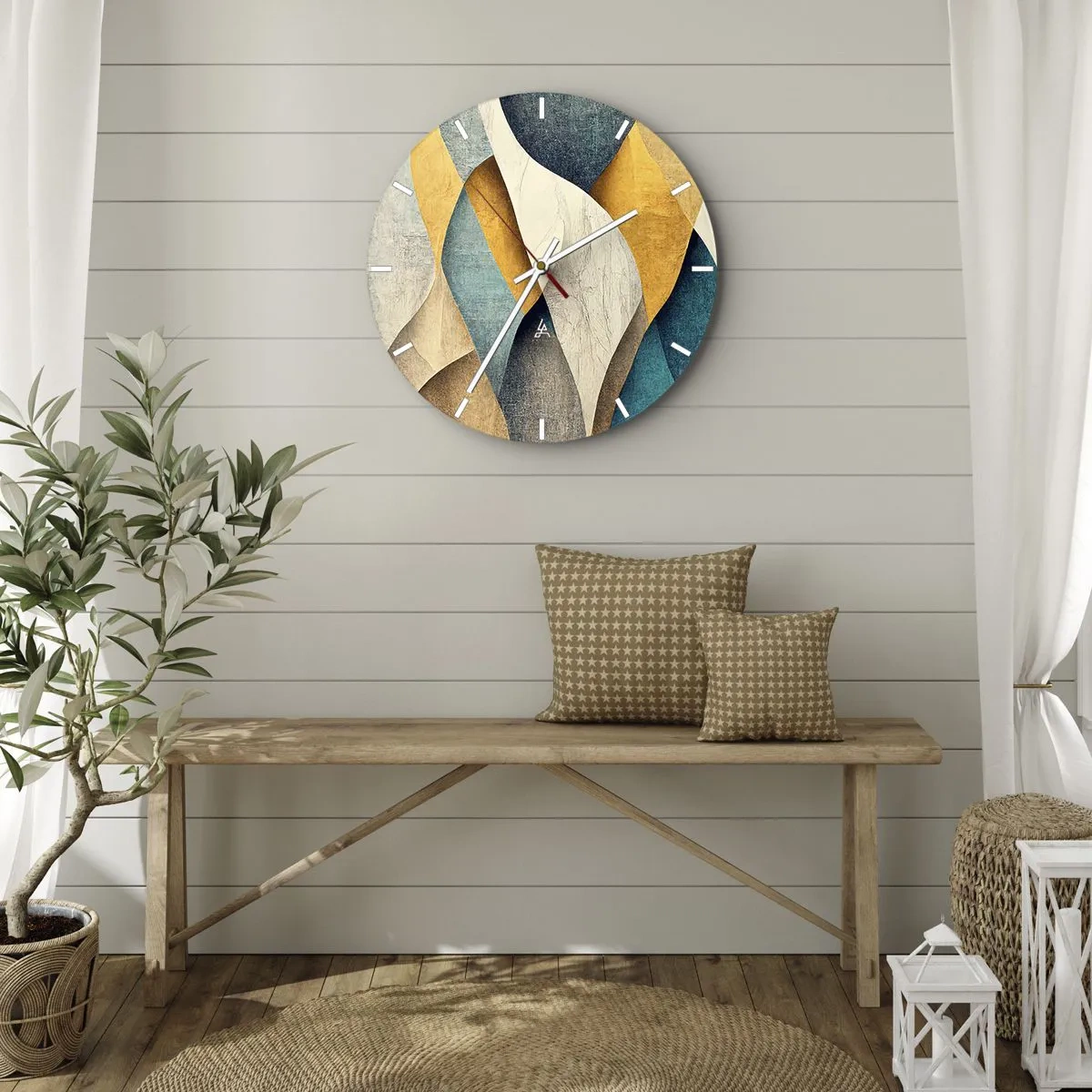 Wall clock - Clock on glass - Geometric waves in gold, navy blue, turquoise and beige - 30x30cm - Rhythm and Undulation - Modern wall decoration for the living room, kitchen, and bedroom ARTTOR