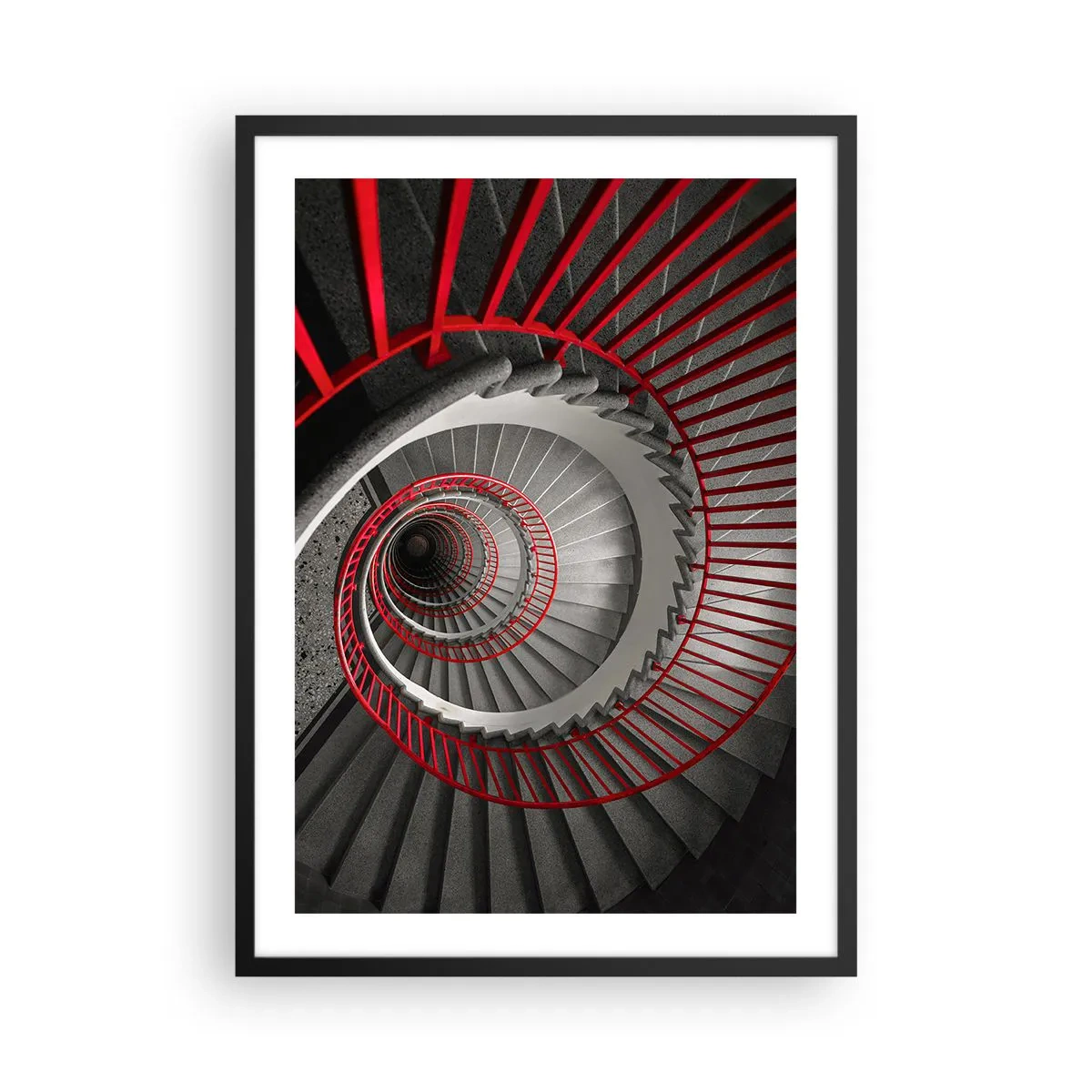 Poster in black frame - Spiral staircase in black and white with red handrails - 50x70cm - Games of Architecture - Modern wall decoration for the living room and bedroom ARTTOR