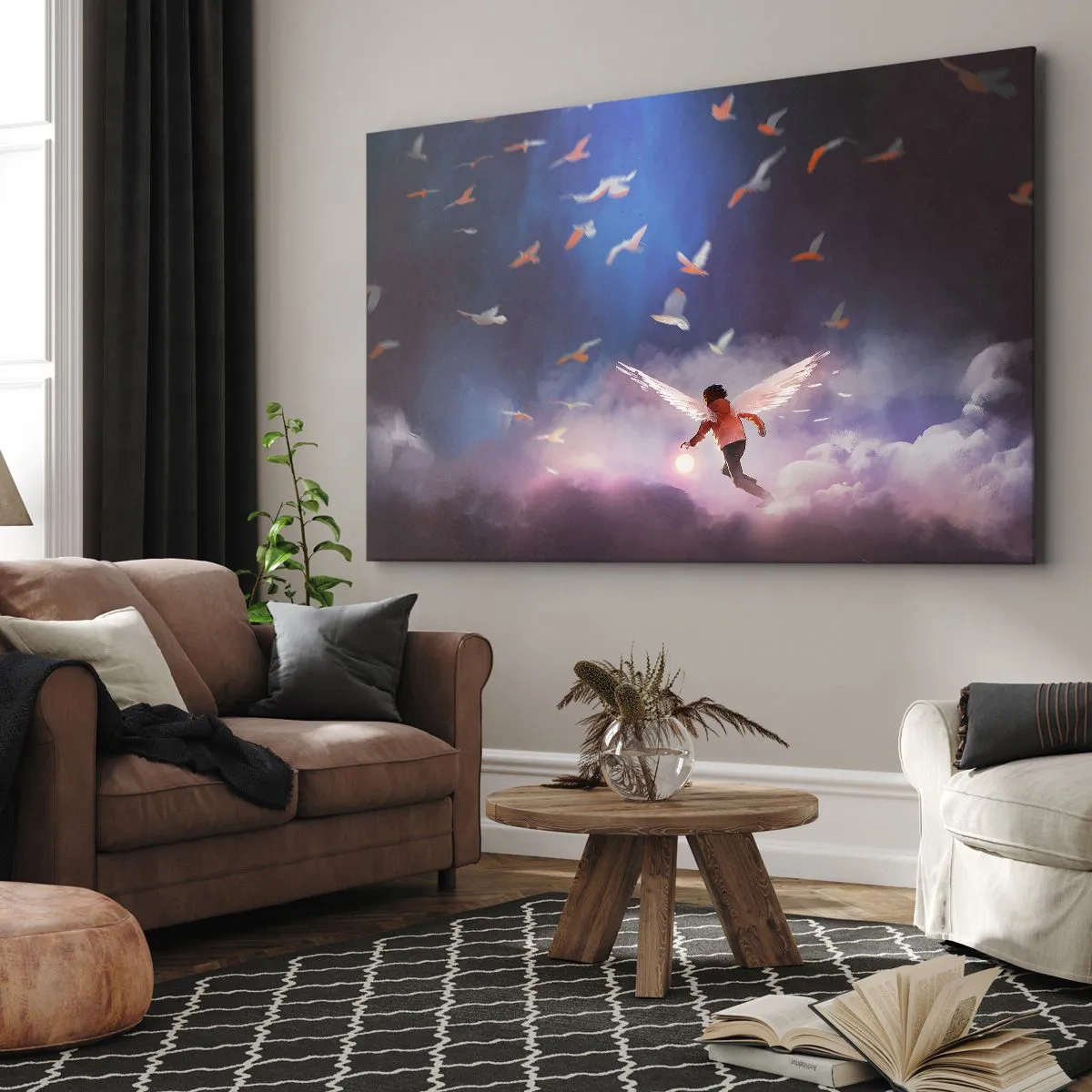 Canvas picture - A figure with angel wings floating among birds in the sky - 70x50cm - You Need to Have Imagination and Courage - Modern wall decoration for the living room and bedroom ARTTOR