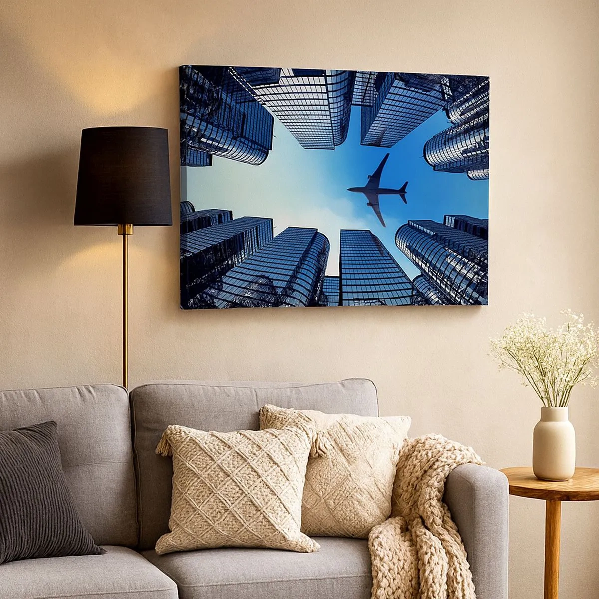 Canvas picture - A plane flying over modern skyscrapers in the city center. - 70x50cm - View from a Glass Gorge - Modern wall decoration for the living room and bedroom ARTTOR