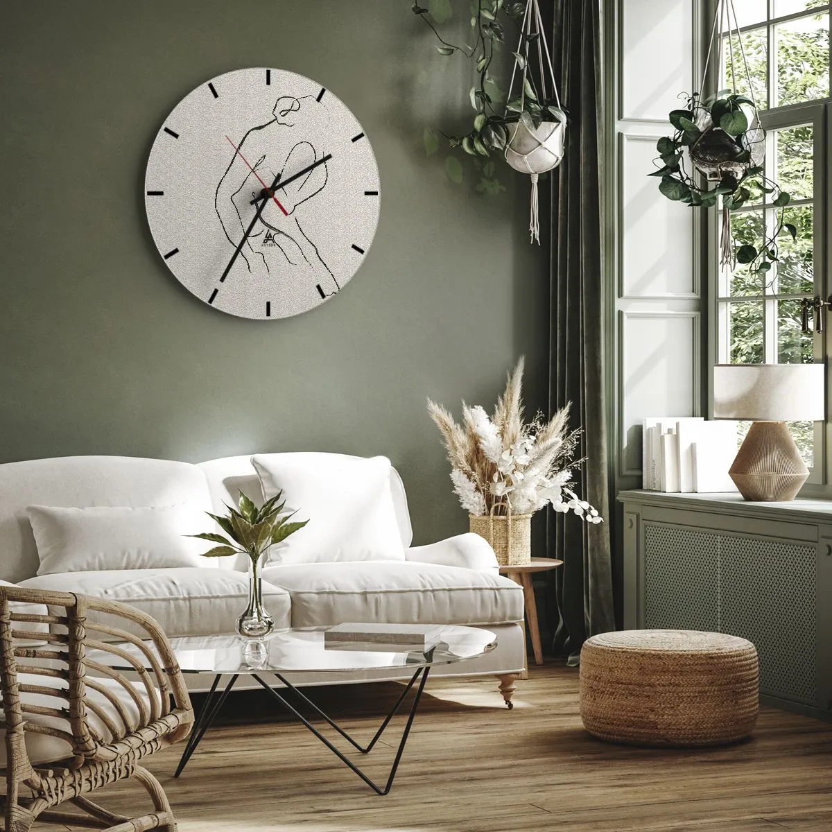 Wall clock - Clock on glass - A delicate sketch of a female silhouette on a light background - 30x30cm - Intimate Sketch - Modern wall decoration for the living room, kitchen, and bedroom ARTTOR