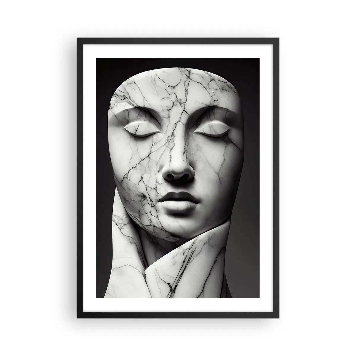 Poster in black frame - Marble sculpture face with closed eyes on a black background - 50x70cm - Marble Shapes - Modern wall decoration for the living room and bedroom ARTTOR