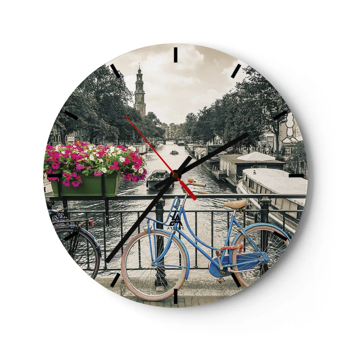Wall clock - Clock on glass - A bicycle bridge over a canal in Amsterdam - 30x30cm - Colour of a Street in Amsterdam - Modern wall decoration for the living room, kitchen, and bedroom ARTTOR