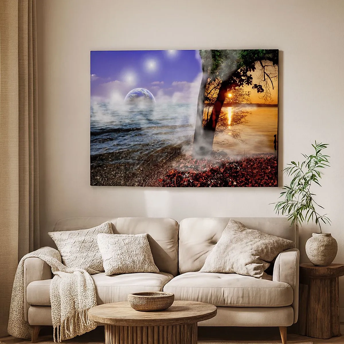 Canvas picture - Fantastic landscape with sea, tree and sunset. - 70x50cm - Surrealistic Landscape - Unity of Nature - Modern wall decoration for the living room and bedroom ARTTOR