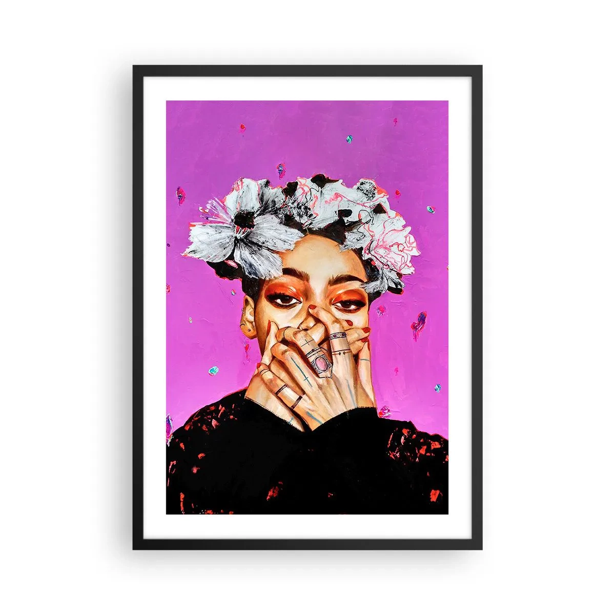 Poster in black frame - An expressive portrait of a woman against an intensely pink background. - 50x70cm - A Bit Crazy - Modern wall decoration for the living room and bedroom ARTTOR