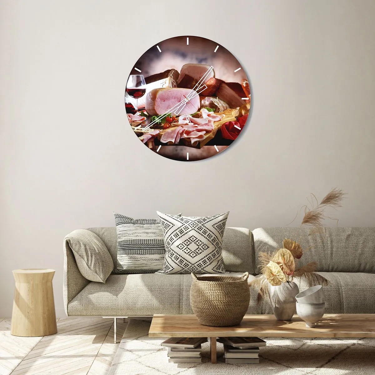 Wall clock - Clock on glass - Arrangement of cold cuts and meat with a glass of wine - 30x30cm - Culinary Dream with a Decanter - Modern wall decoration for the living room, kitchen, and bedroom ARTTOR