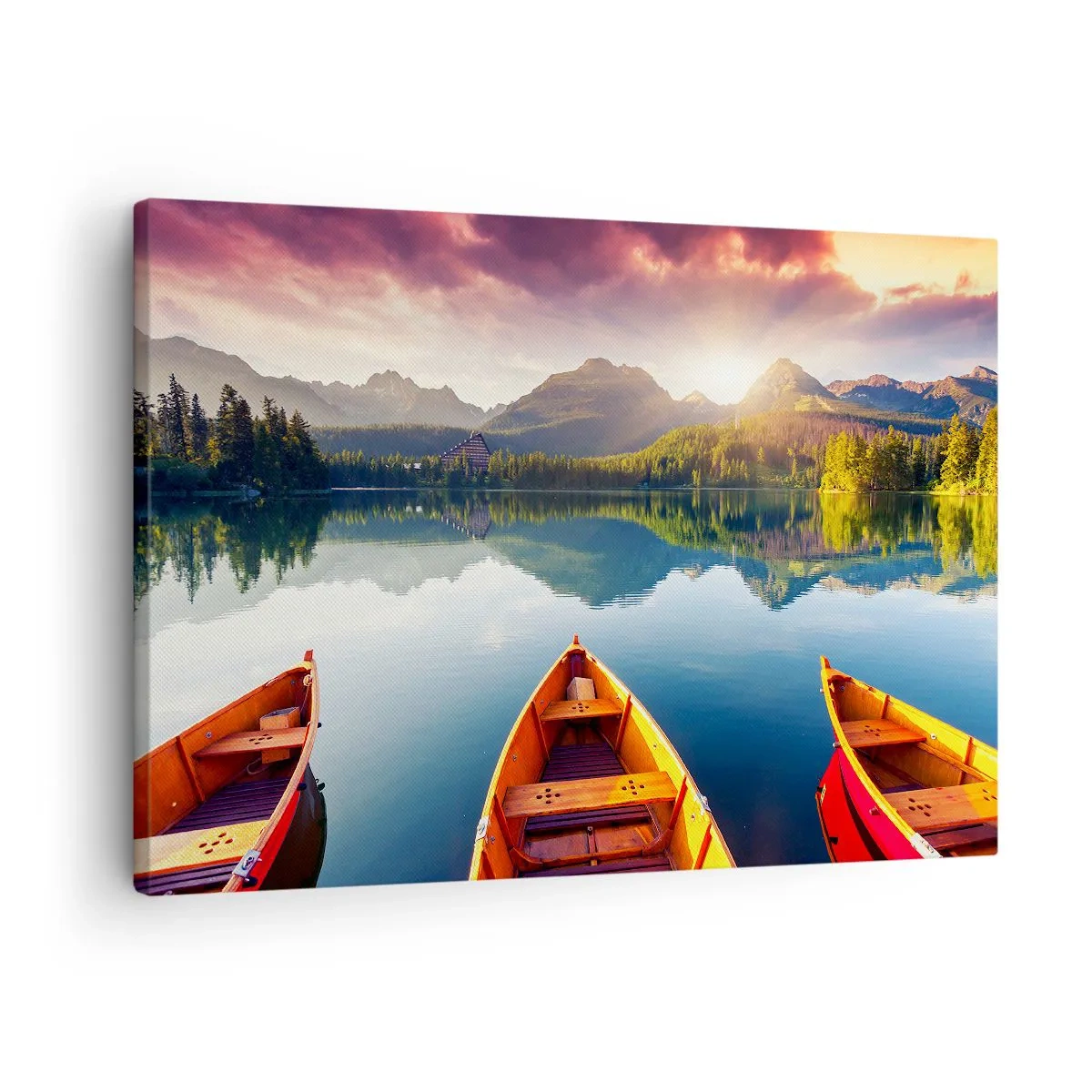 Canvas picture - Three wooden boats against the backdrop of a mountain lake at sunset - 70x50cm - Nothing against Nature - Modern wall decoration for the living room and bedroom ARTTOR