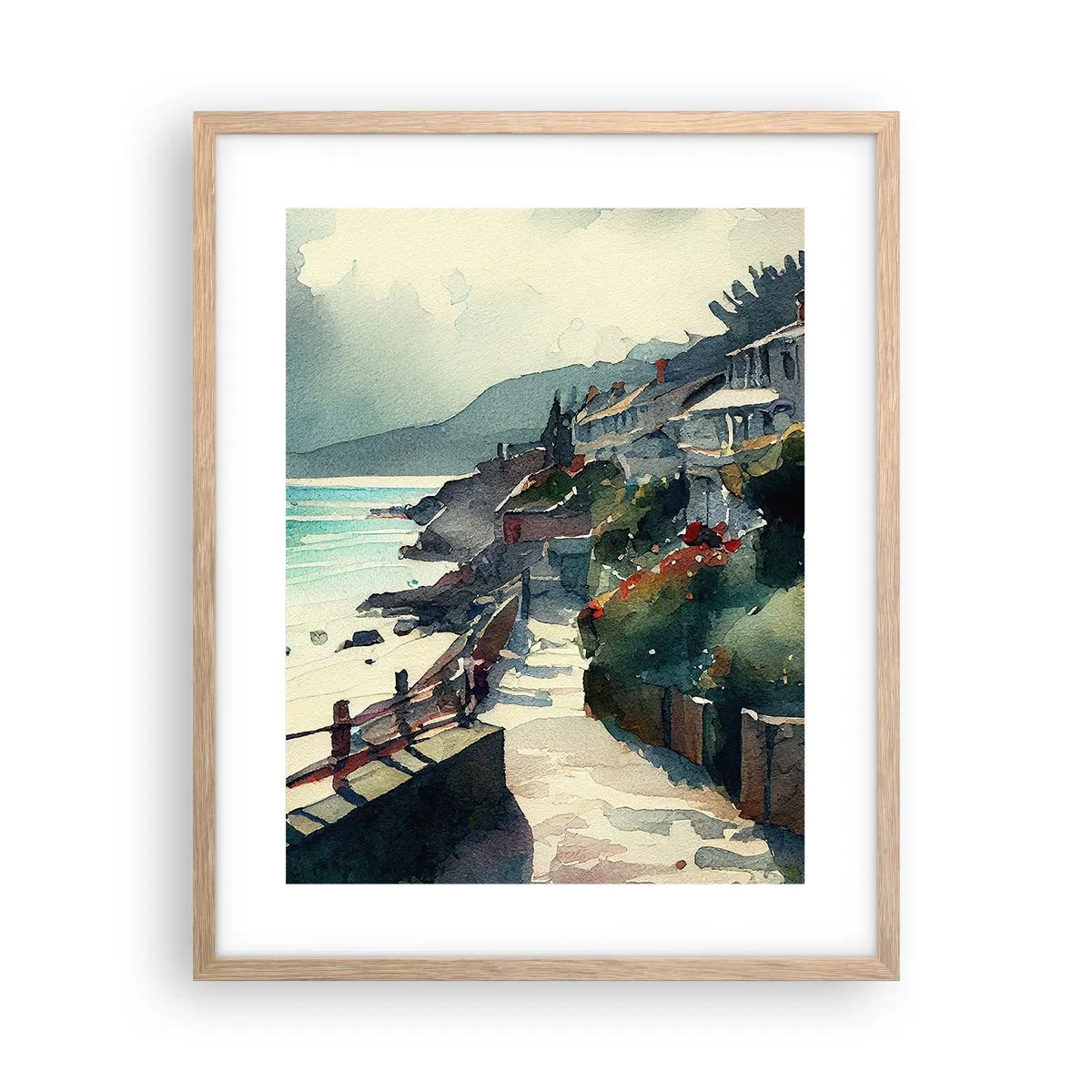 Poster in light oak frame - Mediterranean Town - 40x50 cm