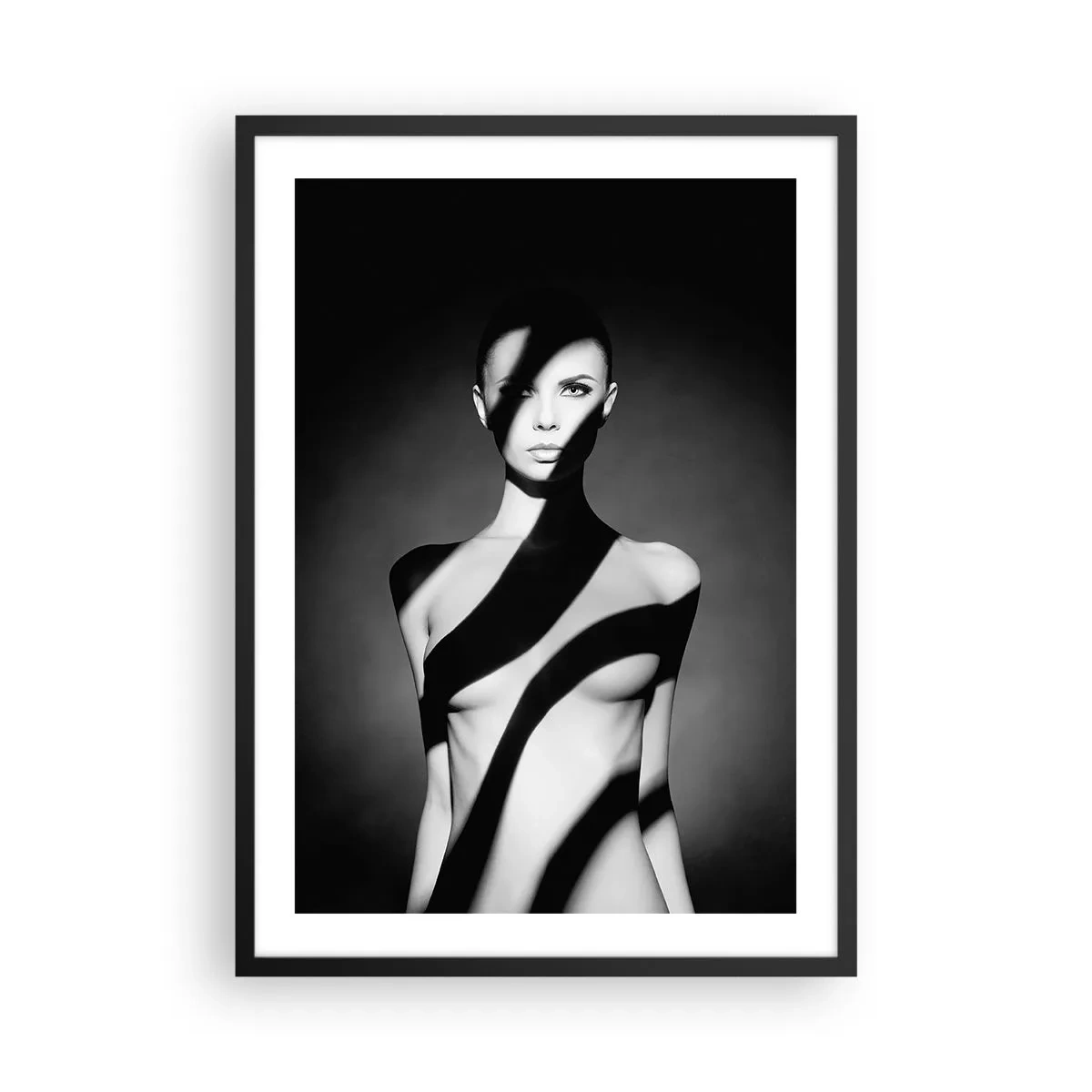 Poster in black frame - Woman in black and white graphic shadows - 50x70cm - In the Light and in the Shadow - Modern wall decoration for the living room and bedroom ARTTOR